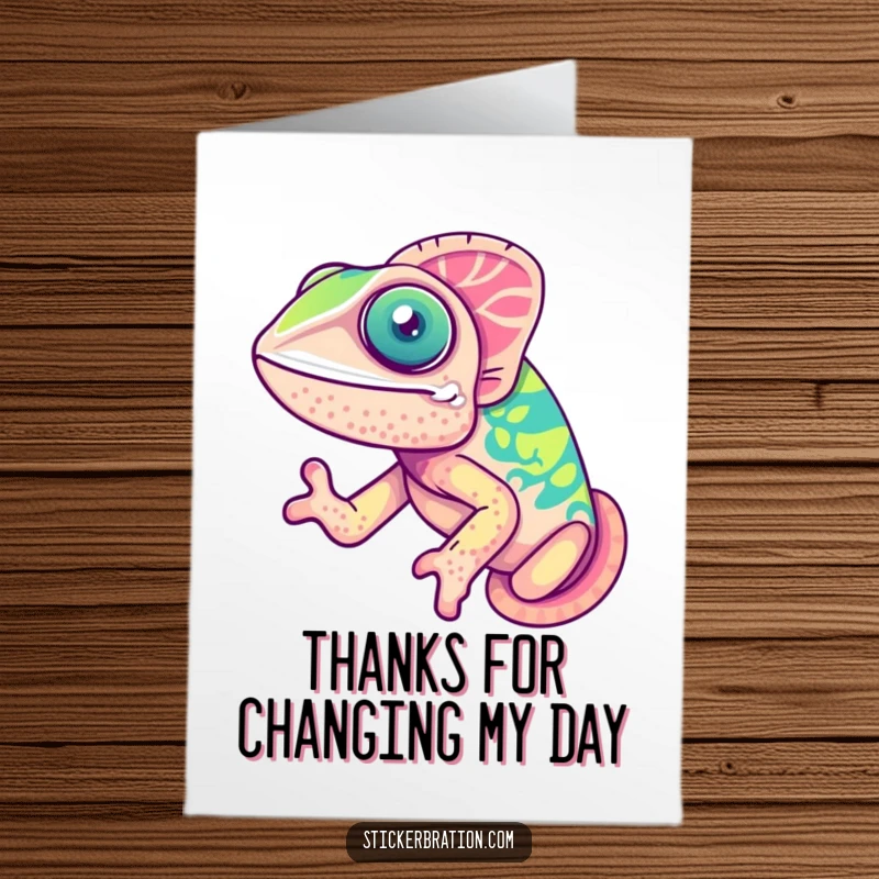 Funny Free Printable Thank You Card: A cute chameleon radiating happiness as it changes through colorful hues.