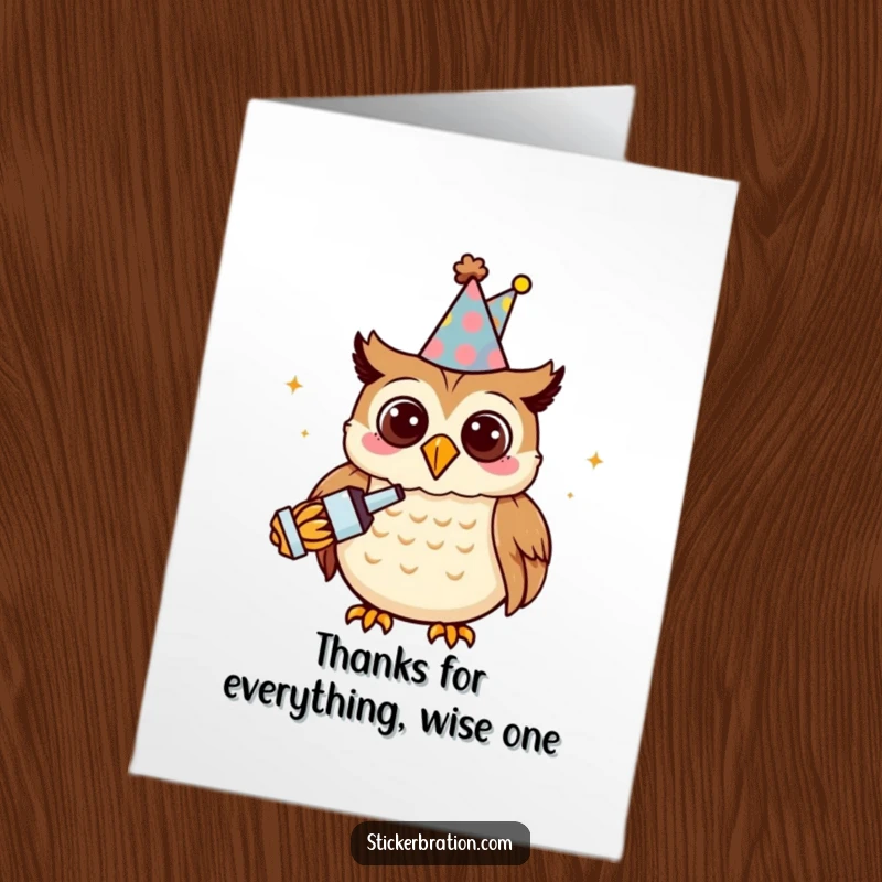 Funny Free Printable thank you card featuring a smiling owl in a party hat, holding and blowing a noisemaker to express energetic thanks.