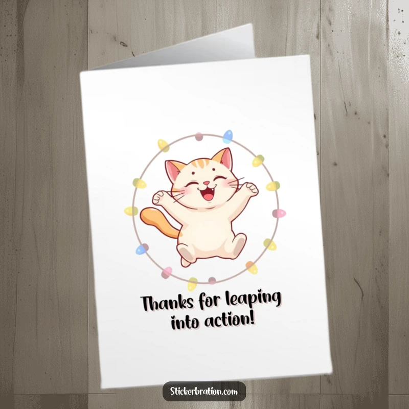 Funny Free Printable Thank You Card featuring a smiling cat leaping through a hoop of vibrant lights, expressing bright gratitude.