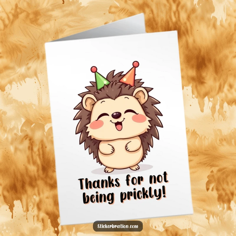 Funny free printable thank you card of a giggling hedgehog character wearing a celebratory headband, expressing thanks with utter delight.