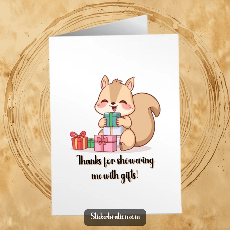 Funny Free Printable Thank You Card featuring a giggling squirrel with a pile of gifts, representing generous appreciation.