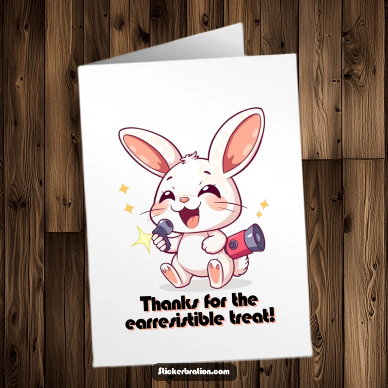 Funny Free Printable Thank You Card: Excited bunny with big ears holding a sparkling noisemaker, sending thanks.