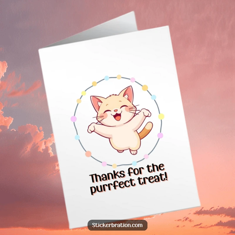 Funny Free Printable Thank You Card: Smiling cat performing a graceful hoop jump, expressing sincere appreciation with joy.