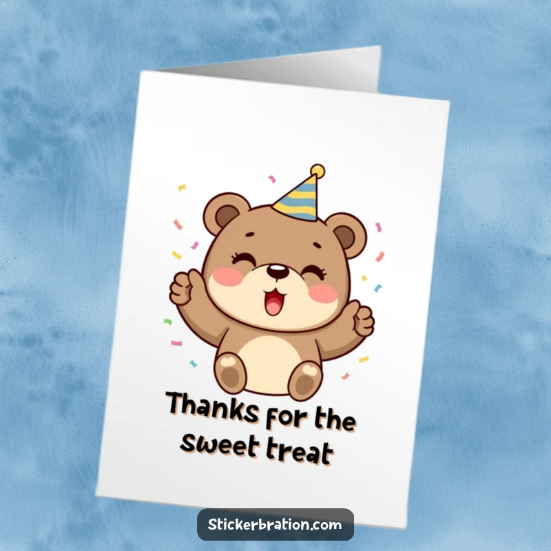 Funny Free Printable Thank You Card: A happy bear in a party hat, holding confetti and cheering, conveying sincere thanks with joy.