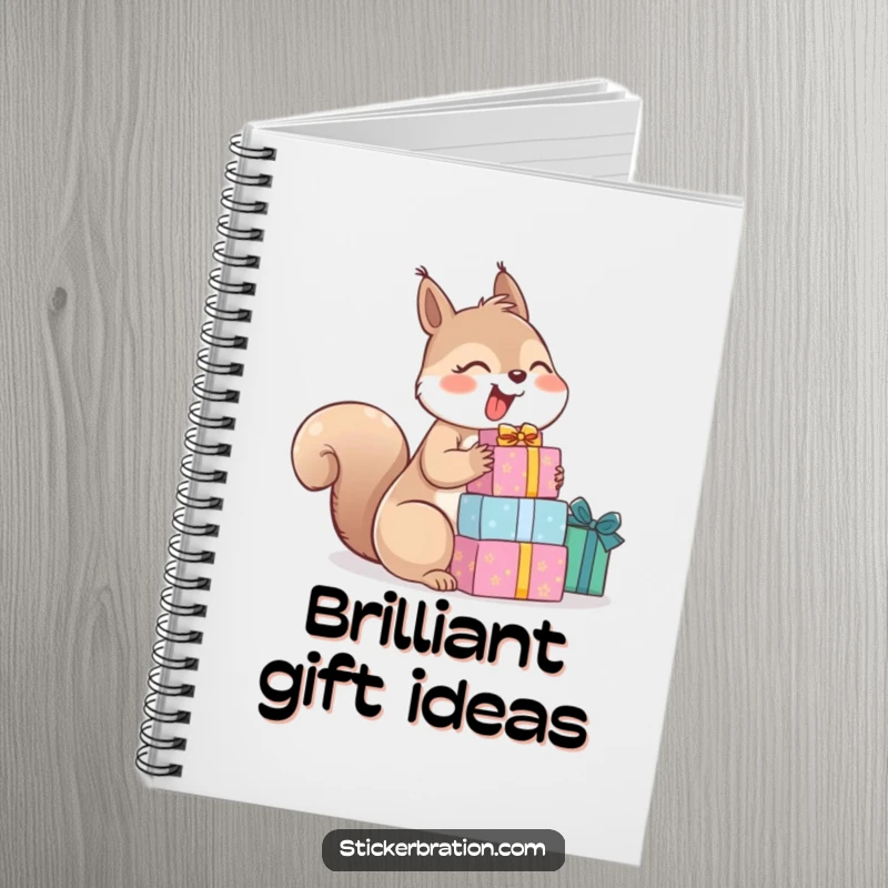 Funny notebook cover showing a giggling squirrel holding a stack of gifts, inspiring joy and laughter.