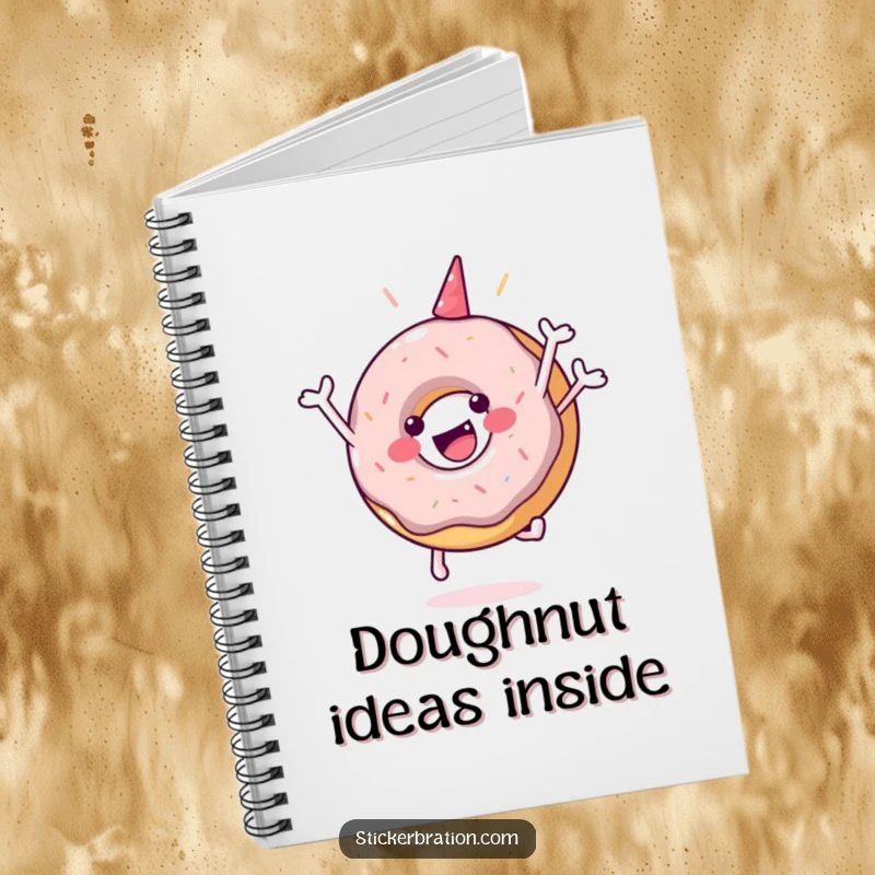 Funny notebook featuring a happy donut character in a celebratory jump, ideal for jotting down ideas with a cheerful, humorous twist.