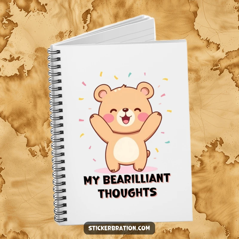 Funny cute bear character notebook joyfully tossing confetti in the air, great for jotting down happy notes.