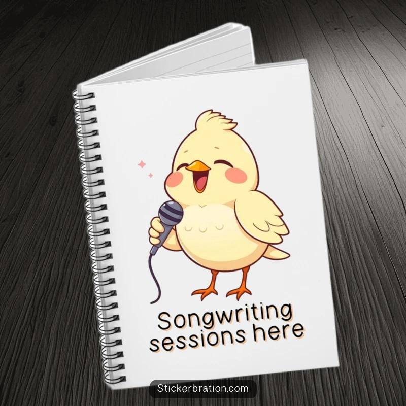 Funny notebook cover with a cheerful bird singing into a tiny microphone, encouraging note-taking with musical flair.