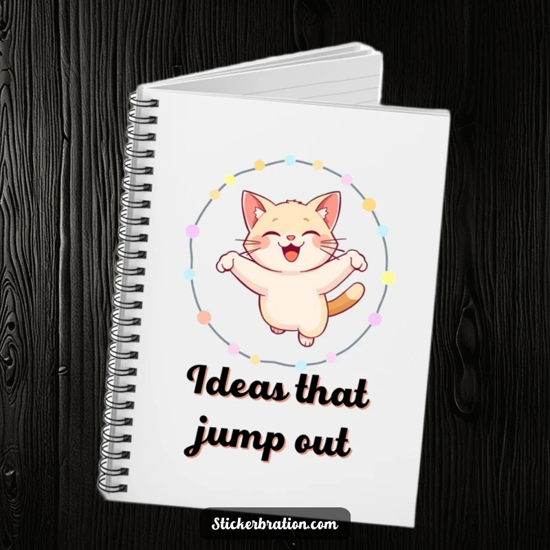 Funny cat notebook with a smiling cat performing a circus-like leap through a radiant hoop of lights, inspiring creativity and humor.