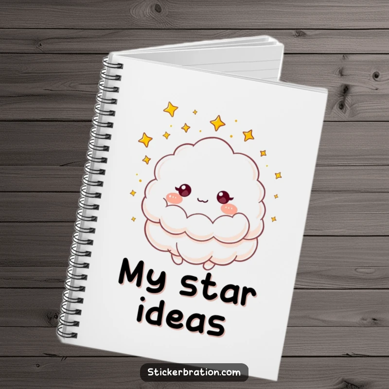 Funny notebook cover featuring a fluffy cloud character showering tiny golden stars, ideal for magical and humorous note-taking.