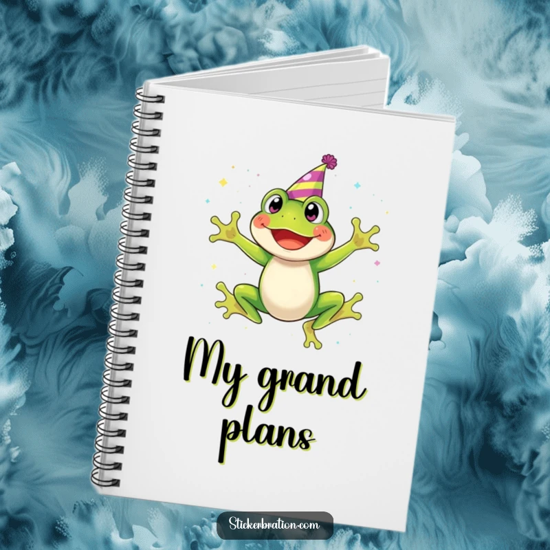 Funny notebook cover with a smiling frog in a party hat, jumping joyfully amidst a sprinkle of shimmering glitter.
