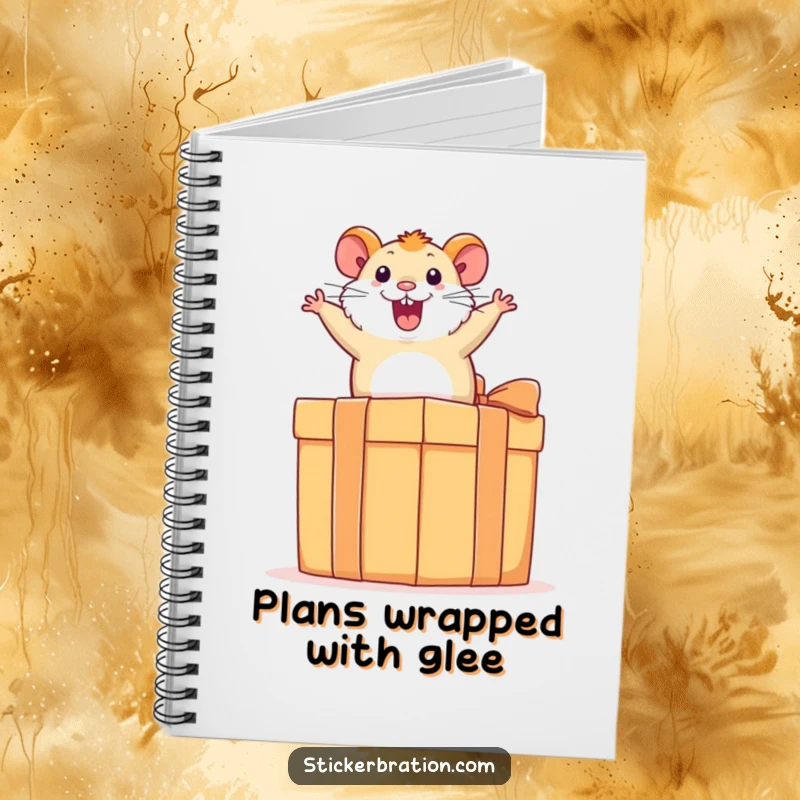 Funny hamster notebook with an excited hamster bouncing on a present, ideal for capturing thoughts with a dose of humorous energy.