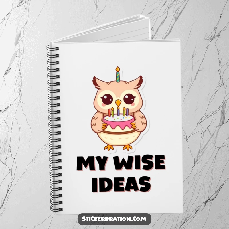 Funny cheerful owl character holding a birthday cake, writing in a notebook with party elements.