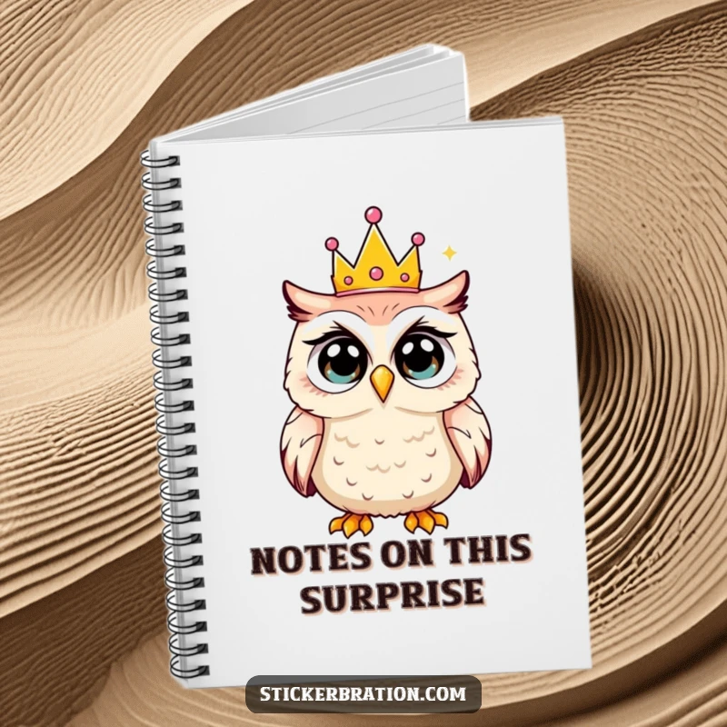 Funny notebook cover with a shocked owl wearing a tiny party crown, encouraging note-taking with a humorous expression.