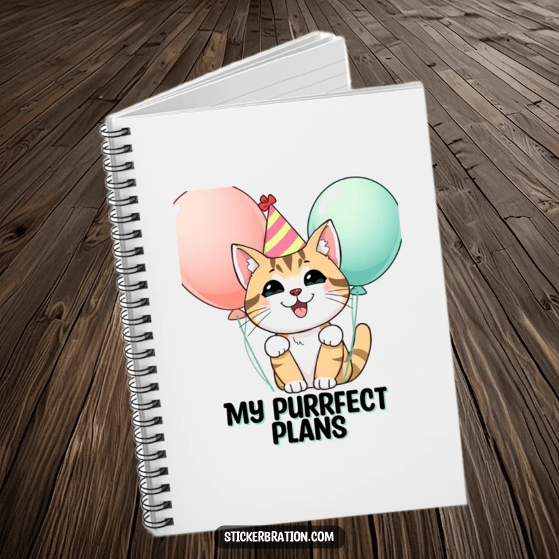 Funny notebook with a happy cat in a party hat peeking from behind balloons, ideal for jotting down notes with a festive, cute touch.