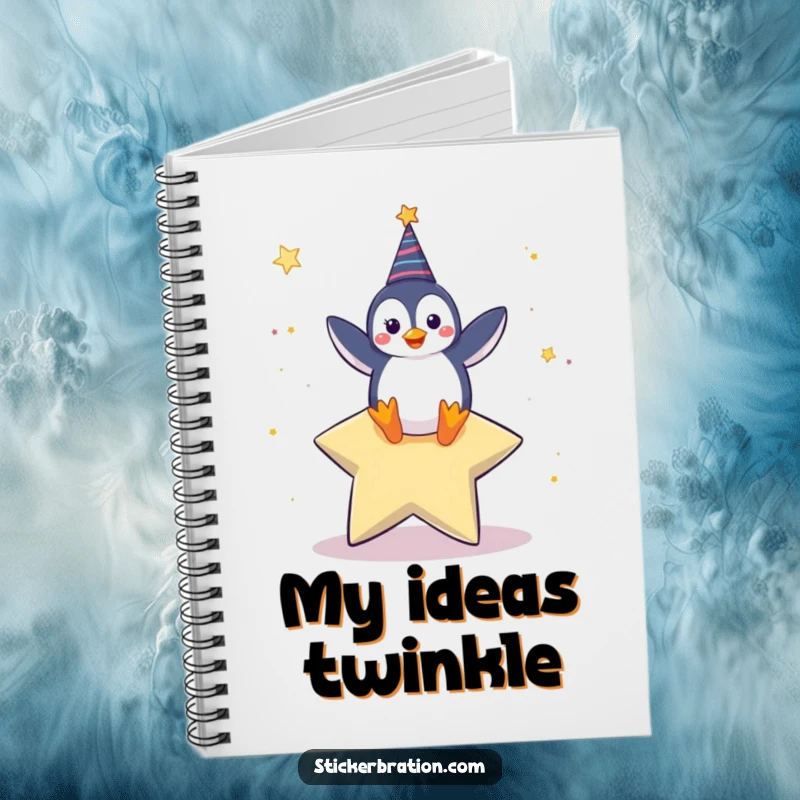 Funny notebook with a happy penguin character dancing on a giant star, ideal for capturing celebratory thoughts.