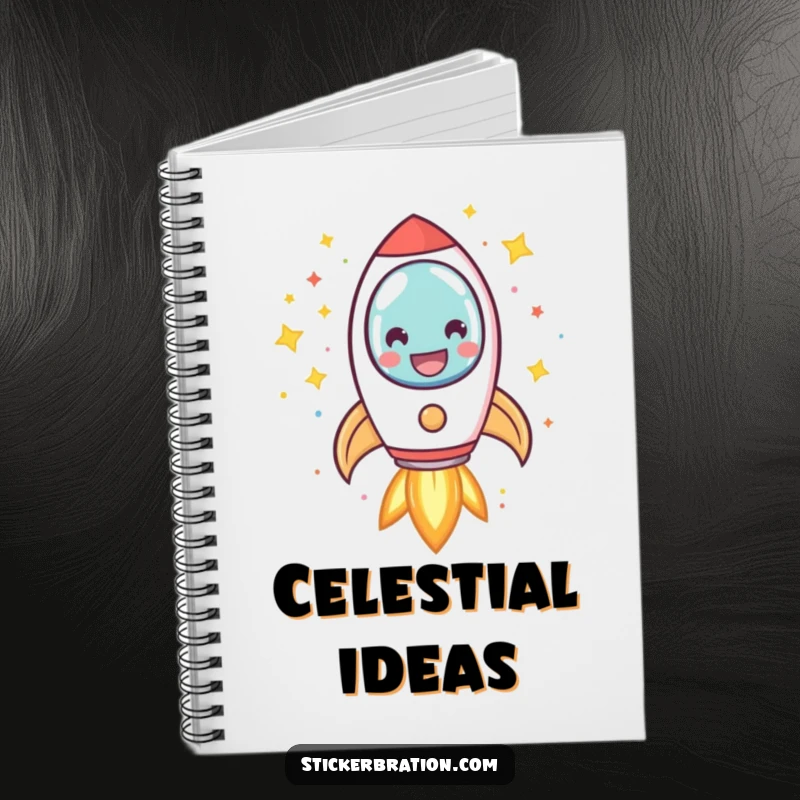 Funny rocket notebook cover with a smiling character blasting off amidst confetti and stars, perfect for jotting down notes and ideas.