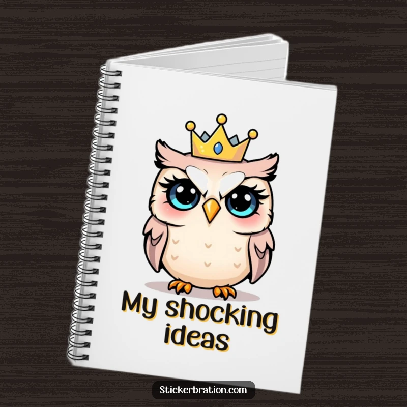 Funny notebook cover showing a shocked owl wearing a tiny party crown, inspiring surprise and laughter.