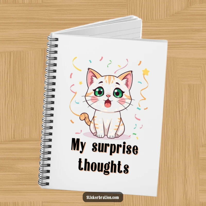 Funny cat character looking surprised, surrounded by streamers, writing notes in a notebook.
