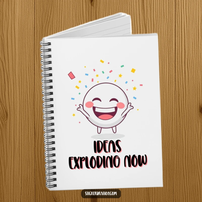 Funny notebook with a round character throwing confetti with a wide grin, ideal for jotting down party ideas.