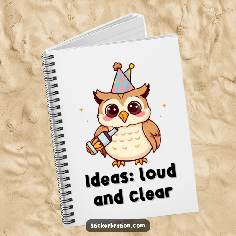 Funny owl character on a notebook, wearing a party hat and holding a noisemaker, perfect for notes.