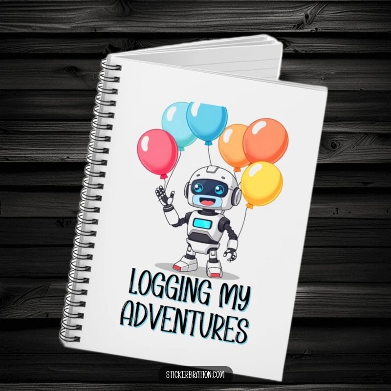 Funny notebook cover with a cute, diligent robot character juggling a colorful array of balloons, emitting a happy beep, perfect for stylish note-taking.