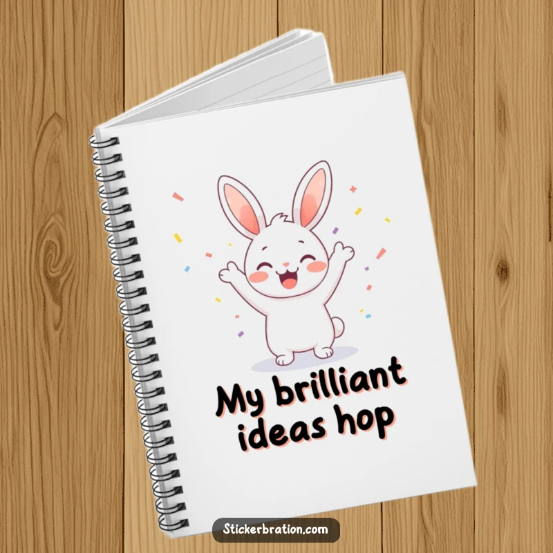 Funny notebook with a delightful bunny character cheering amidst a flurry of confetti, perfect for capturing notes and ideas joyfully.
