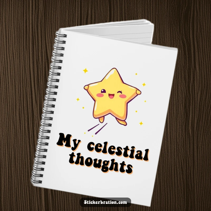 Funny notebook with a star character leaping with joy, trailing glitter, ideal for jotting down bright ideas.