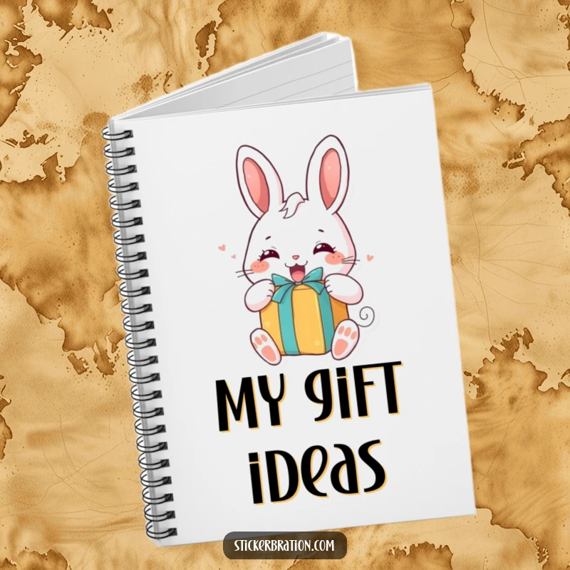 Funny notebook with a chubby bunny character excitedly unwrapping a brightly colored gift, perfect for note-taking and gift ideas.