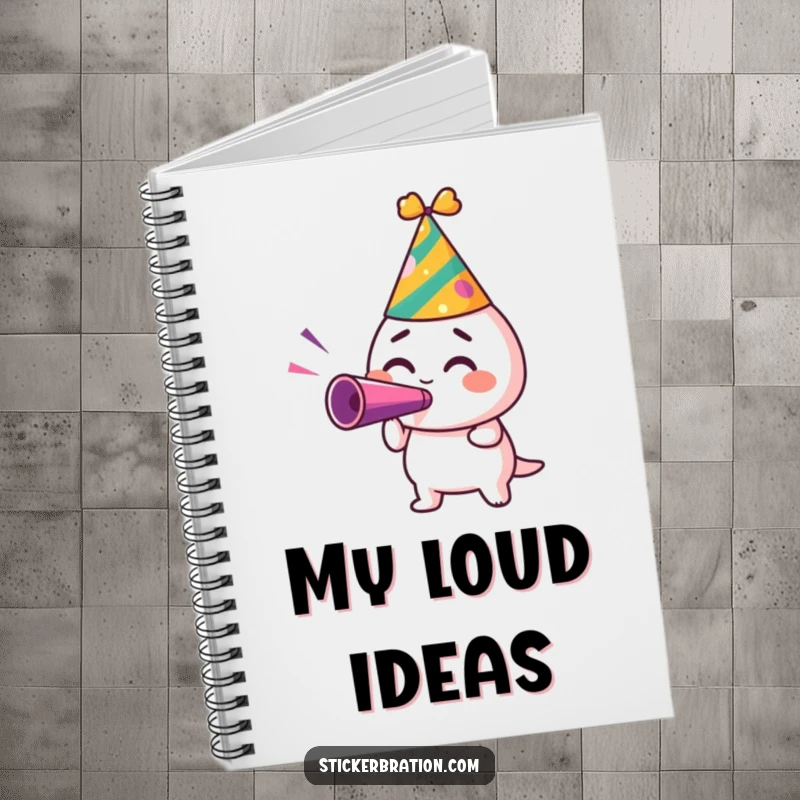 Funny notebook with a character in a party hat, blowing a noisemaker with excitement, ideal for jotting down party ideas.
