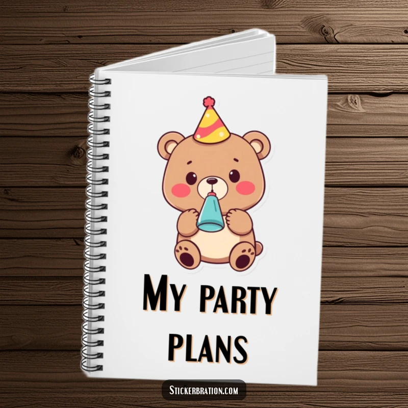 Funny notebook with a cute bear character in a party hat, blowing a noisemaker, perfect for note-taking and party planning.