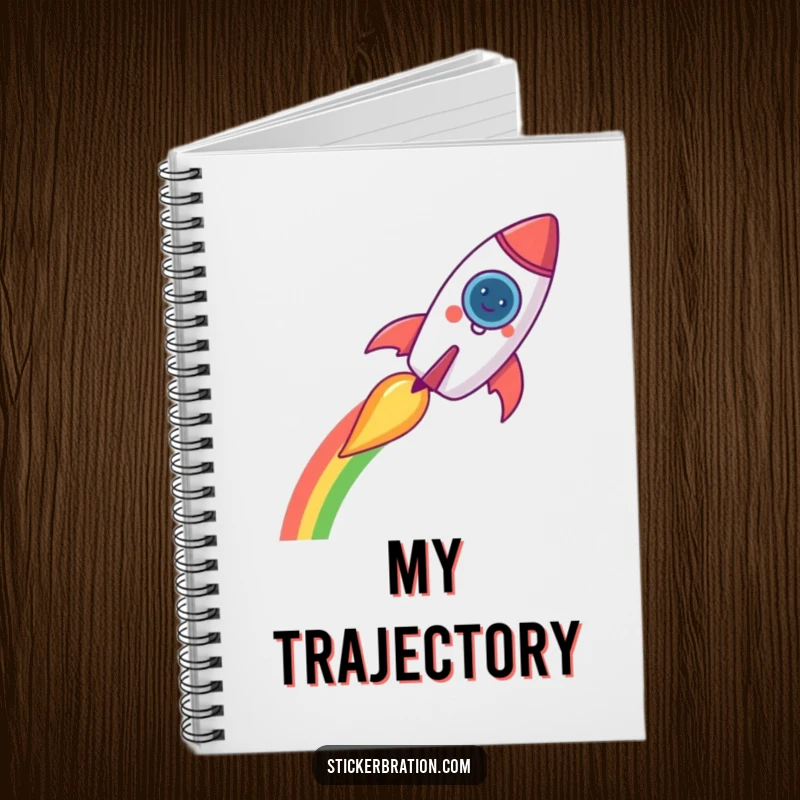 Funny rocket notebook showing a cheerful rocket leaving a rainbow trail, perfect for jotting down ideas with cosmic inspiration.