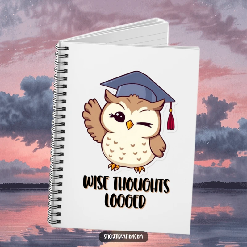 Funny owl notebook cover with a winking graduate owl in a cap, tossing it up, perfect for jotting down notes with wisdom.