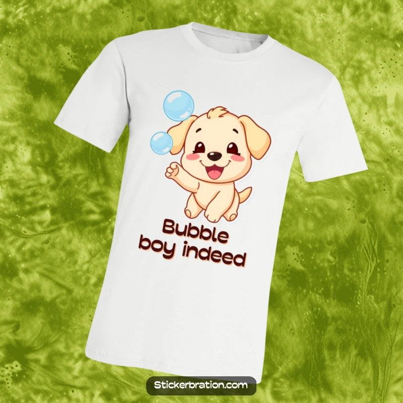 Funny t-shirt sporting a happy puppy character mid-chase, enthusiastically leaping after a cascade of flying bubbles.