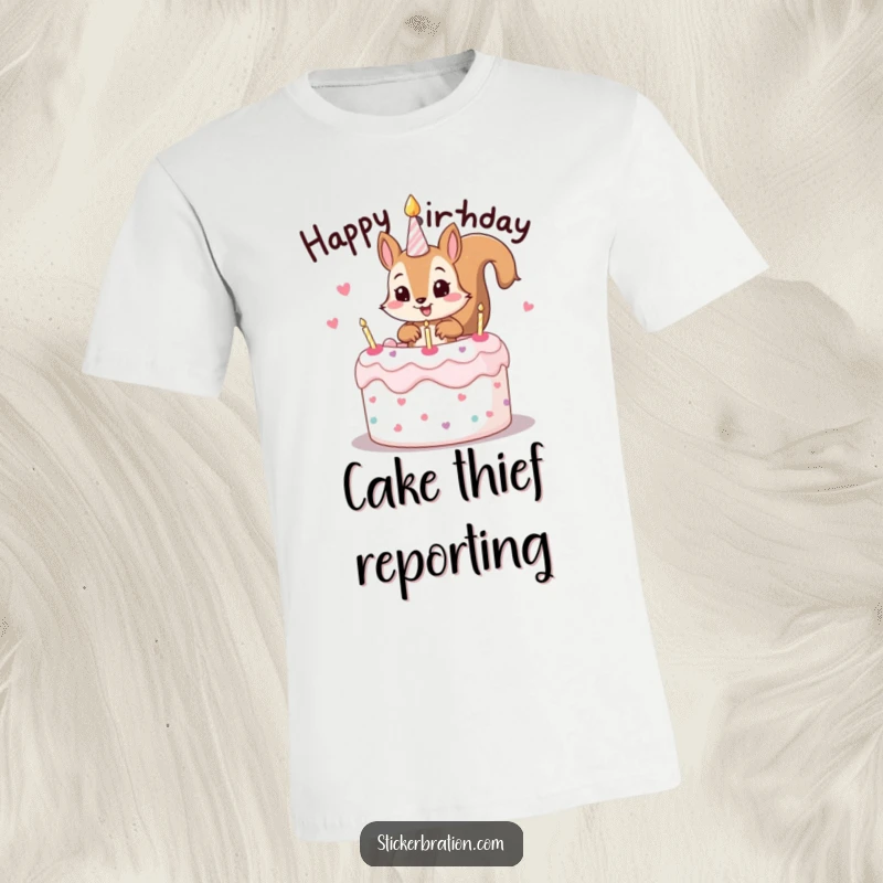 Funny t-shirt featuring a mischievous squirrel character popping out of a birthday cake, ready for a celebration.