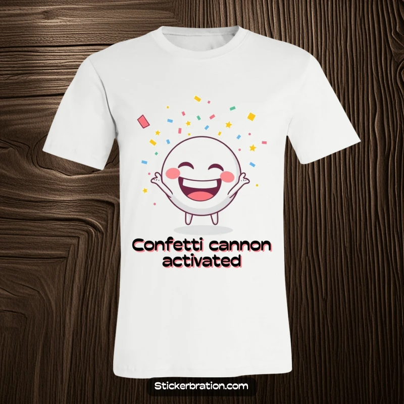 Funny t-shirt showcasing a round character with a wide grin, enthusiastically throwing confetti, perfect for party lovers.