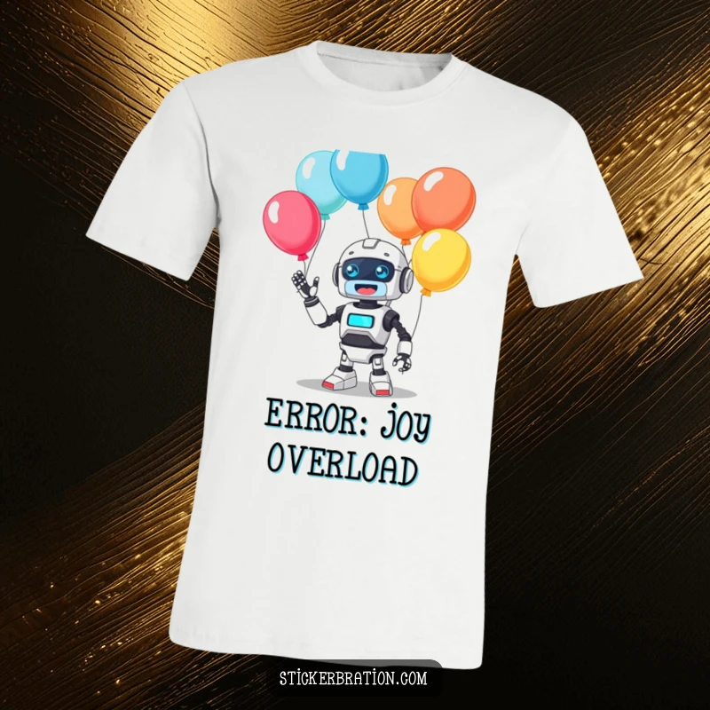 Funny t-shirt displaying a cute, smiling robot character skillfully juggling a rainbow of balloons while emitting a cheerful beep, perfect for laughs.