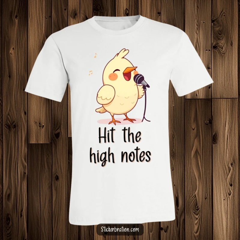 Funny bird t-shirt with a happy bird passionately singing into a miniature microphone, celebrating music and avian charm.