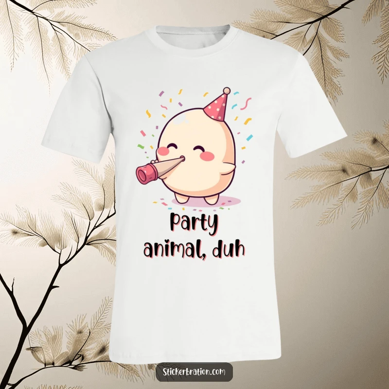Funny t-shirt showcasing a cute, ecstatic blob character joyfully blowing vibrant confetti from a party horn, embodying pure celebration.