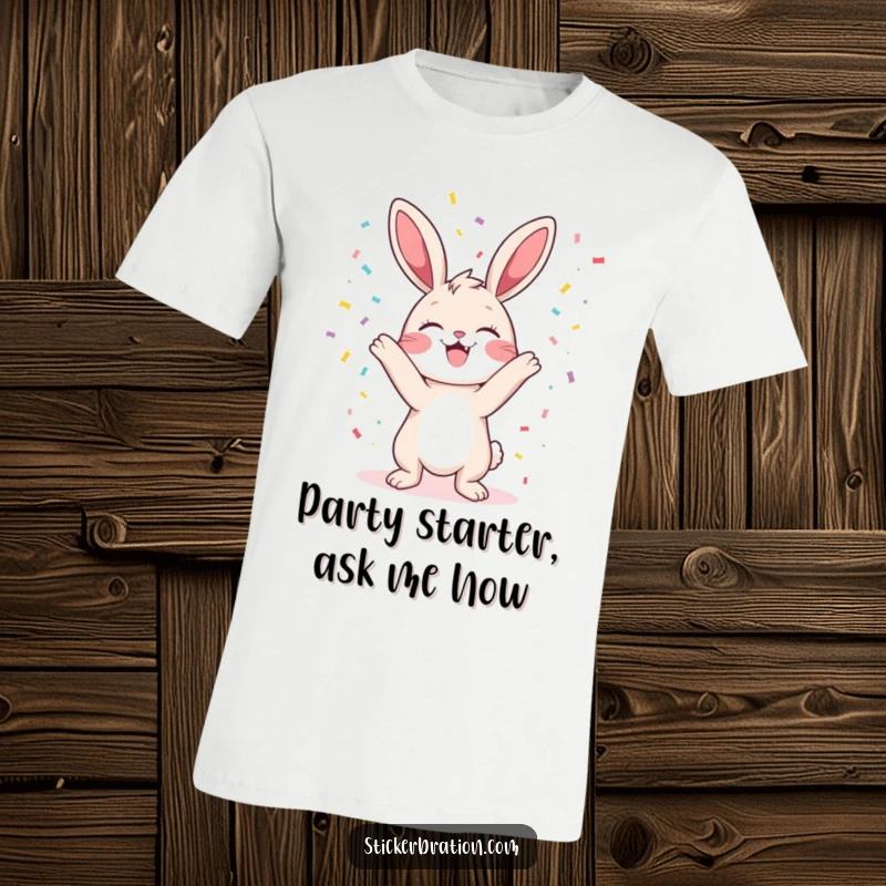 Funny bunny t-shirt featuring a character gleefully tossing confetti, perfect for parties and joyful occasions.