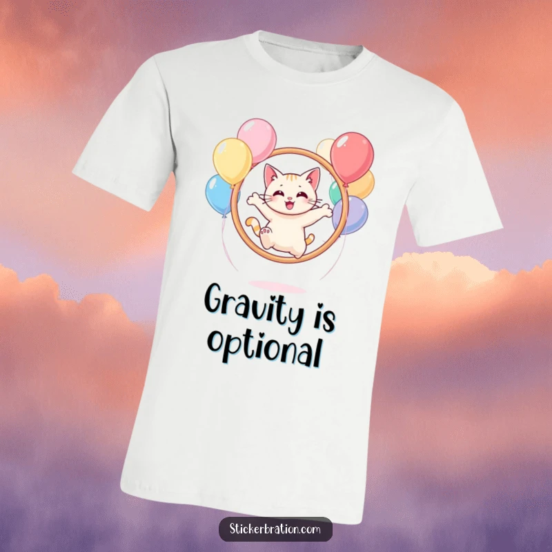 Funny cat character on a t-shirt, leaping through a hoop of balloons with utter delight.
