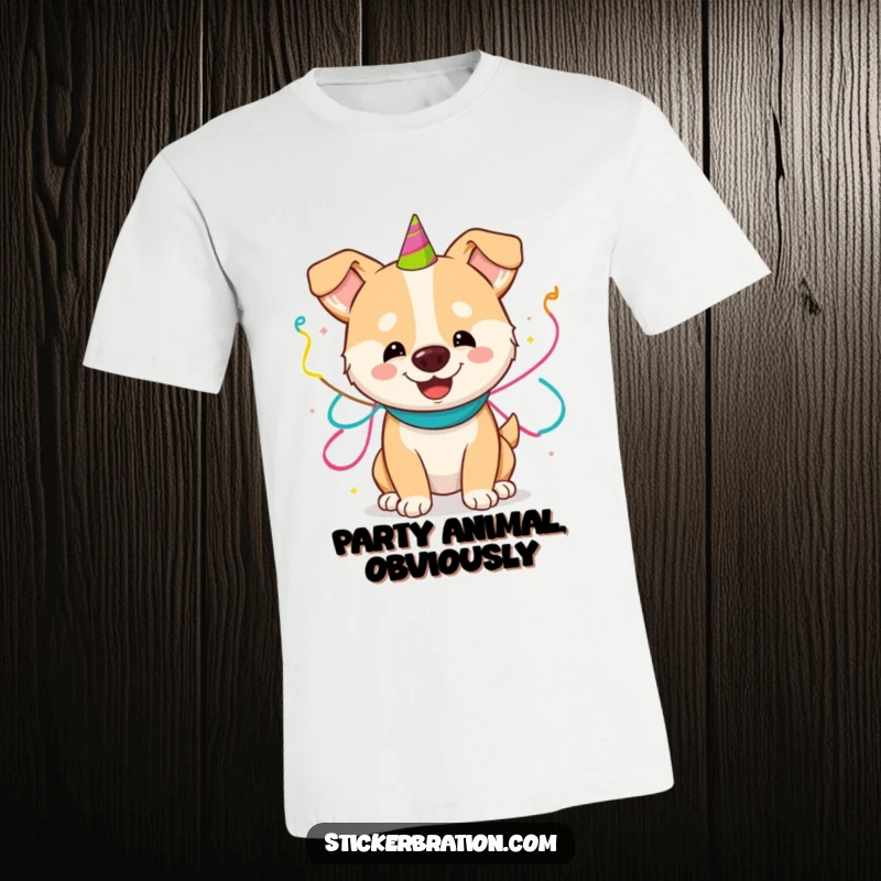Funny t-shirt showcasing a happy dog tangled playfully in vibrant party streamers, radiating infectious, celebratory canine energy.