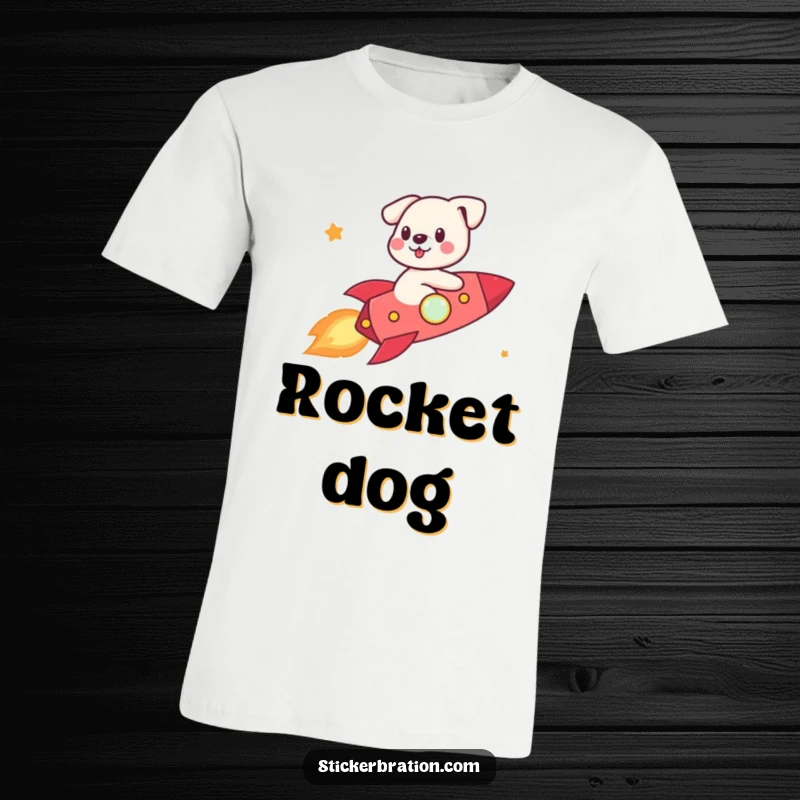 Funny cute dog riding a small rocket, looking excited and ready for an interstellar journey.