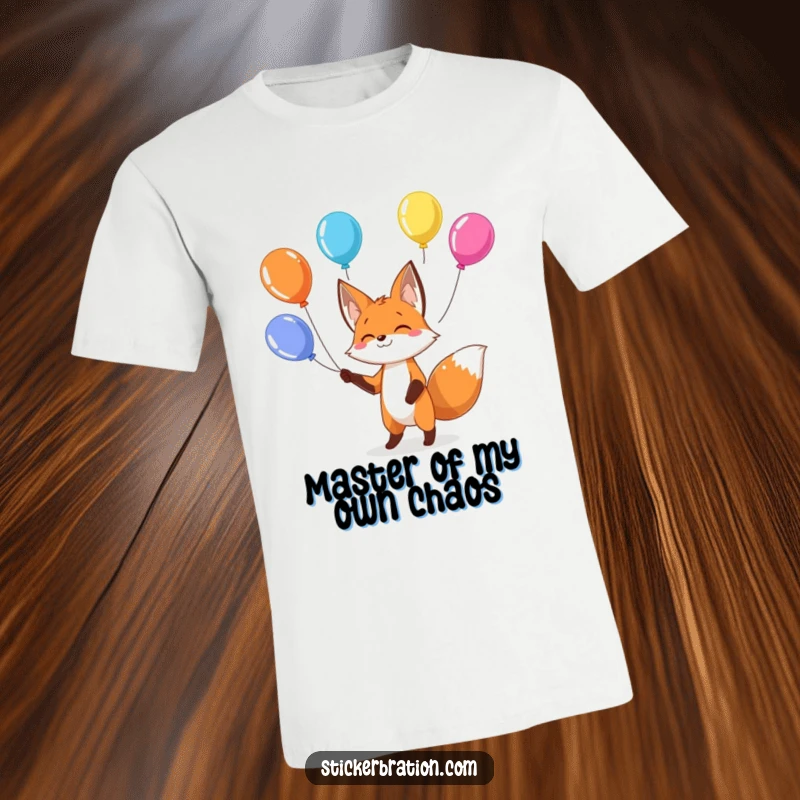 Funny fox t-shirt depicting a playful character juggling colorful balloons, ideal for parties and casual wear.
