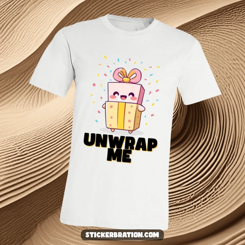 Funny gift box t-shirt featuring a smiling character bursting with confetti, perfect for spreading party cheer and humor.