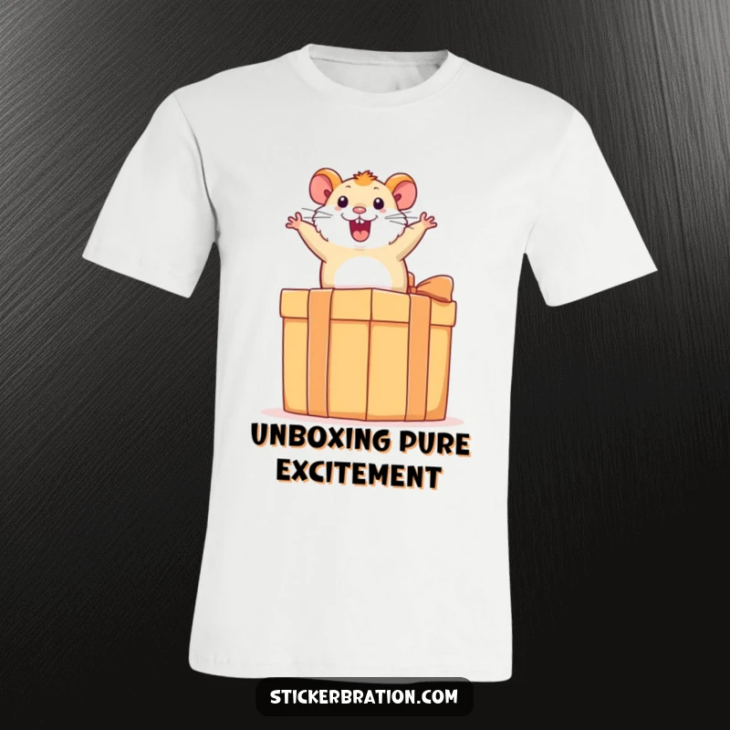 Funny hamster t-shirt depicting an ecstatic hamster jumping high on a giant gift box, radiating infectious excitement and humor.