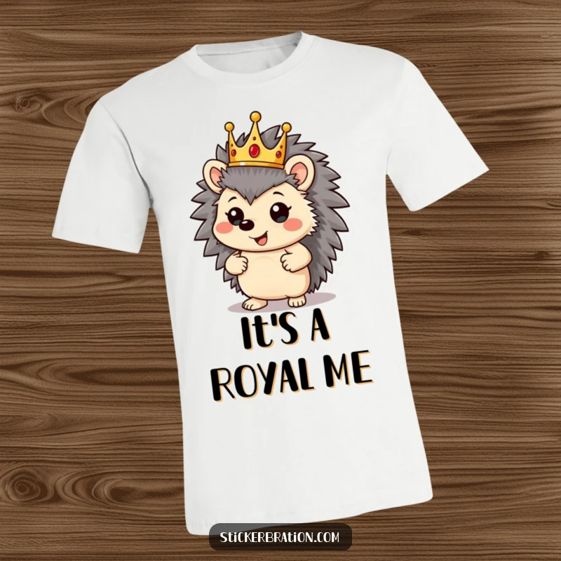 Funny hedgehog character on a t-shirt, wearing a crown and striking a proud, regal pose.