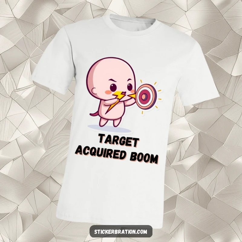 Funny t-shirt showcasing a lively lightning bolt character energetically striking a small target, embodying playful accuracy.