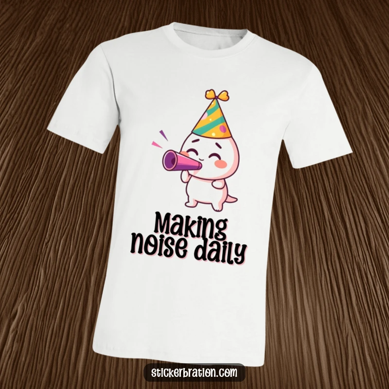 Funny t-shirt print of a character in a party hat, excitedly blowing a noisemaker, perfect for party enthusiasts.