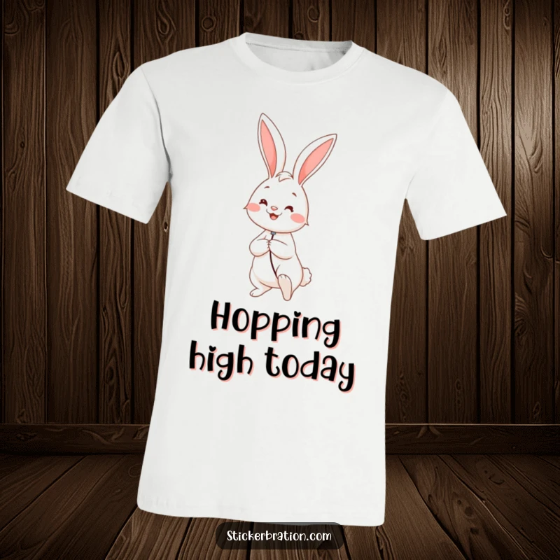 Funny t-shirt showcasing a smiling rabbit holding tightly to the string of a massive, colorful balloon, symbolizing joy and dreams.